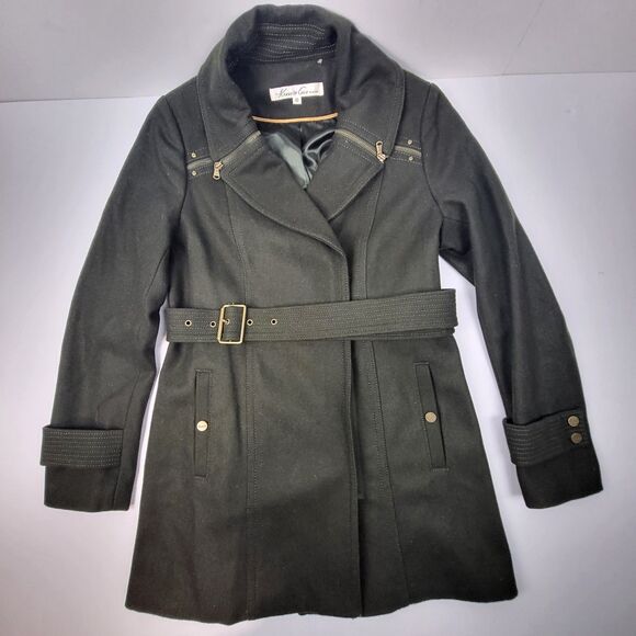 Kenneth Cole Wool Blend Belted Olive Green Coat with Zipper Size 10 - Picture 1 of 16